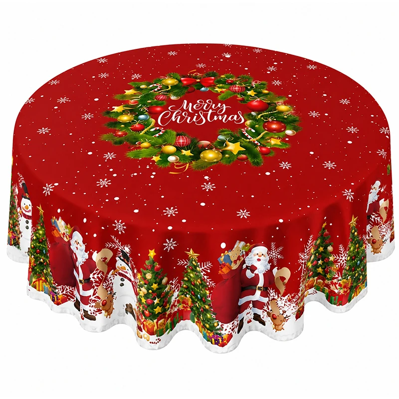 2026 Christmas Tablecloth Christmas-themed Round Tablecloth with Santa, Reindeer, Dnowman & Holiday Decor 152*152/180*180CM