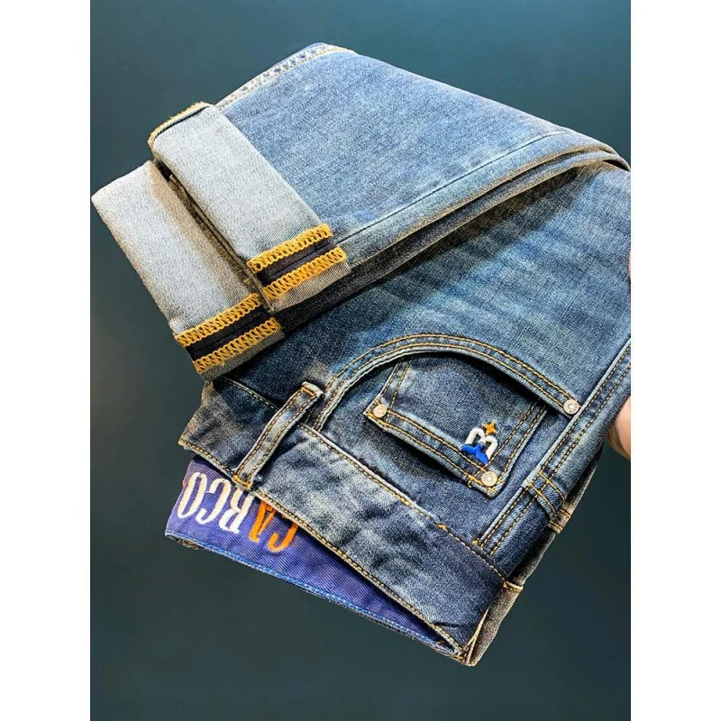 Celana jins bordir pria, celana denim nyaman, serbaguna, elastis, kasual, tabung lurus, tren fashion, jeans pria kelas atas, musim gugur, musim dingin