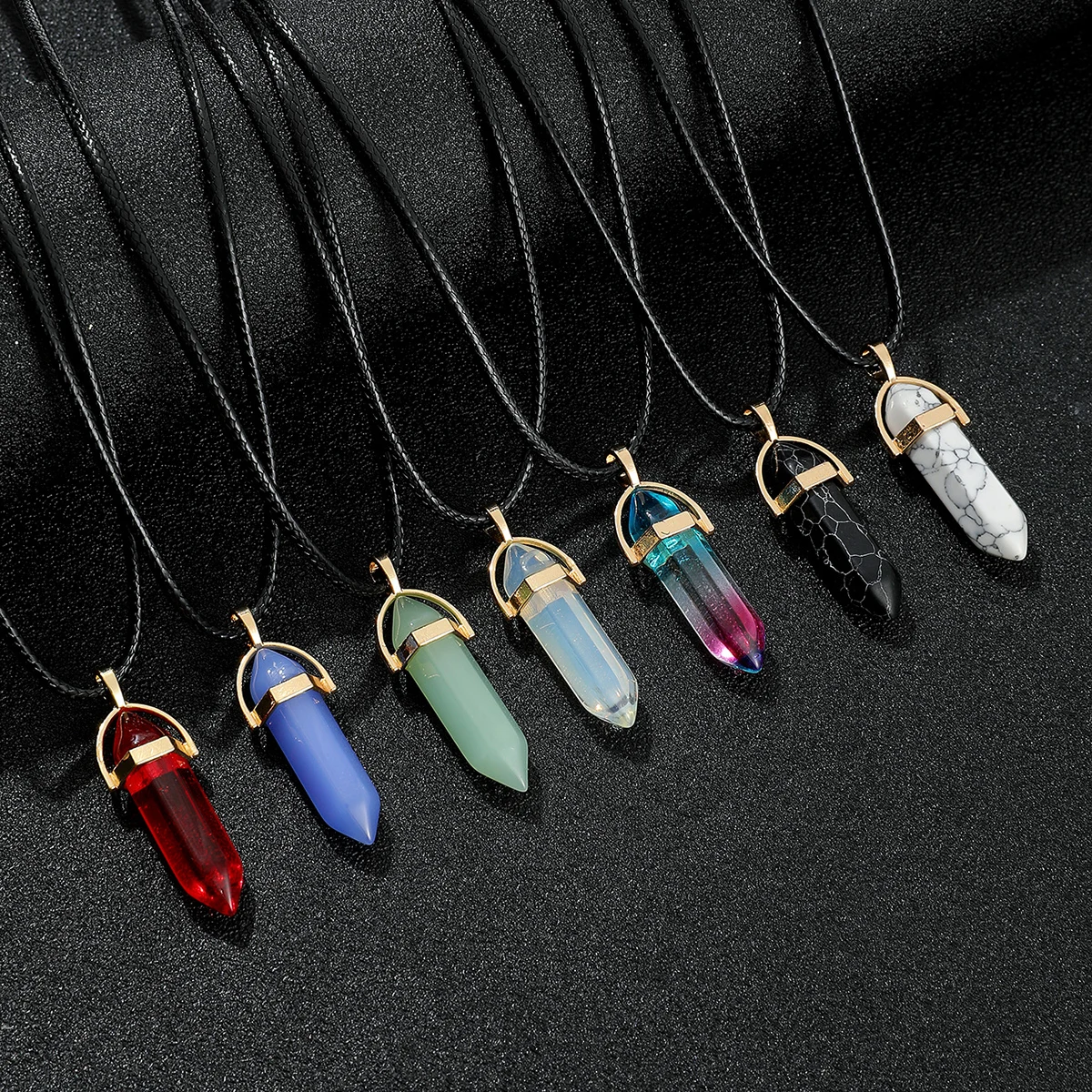 7pcs/set Hexagon Pillar Quartz Necklace Turquoise Pink Crystal Necklace Genuine Leather Chain Natural Stone Choker Necklace