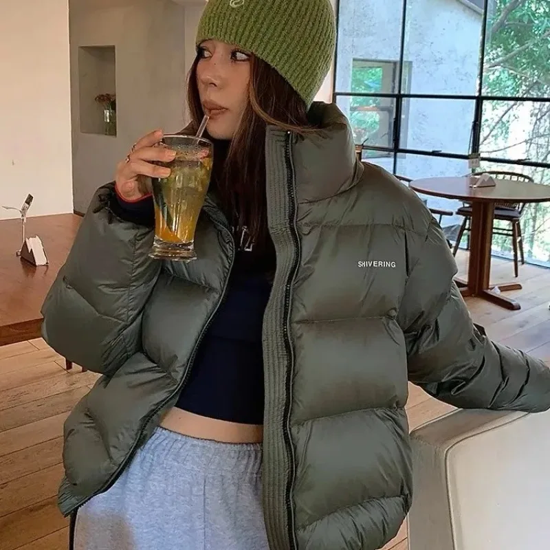 Winter grün Kurzbrot Parkas Frauen American Stand Kragen Sport lässig Baumwolle gepolsterte Mäntel weiche warme trend ige Streetwear