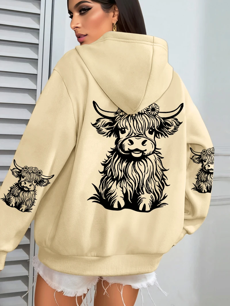 Niedliche Kuh-Haarmotiv-Kapuzenpullover mit Cartoon-Druck für Damen, Fleece-Herbst-Streetwear, bequemer lässiger Hoodie, Y2K-Taschen-Kapuzenpullover, vielseitig kombinierbar – Detail 8