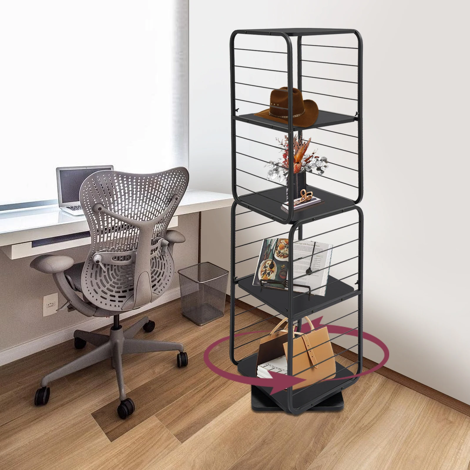 

4-х уровневый 360 ° Вращающаяся напольная книжная полка, современный вращающийся книжный шкаф для гостиной и спальни, органайзер для хранения емкостью 60 кг