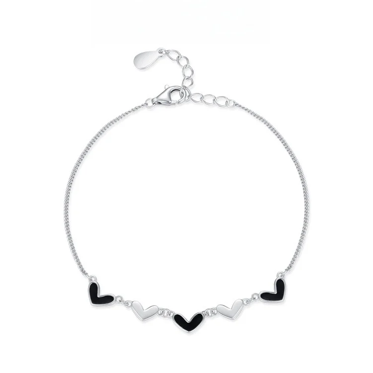 

S925 Sterling Silver Female European American Cross-Border Fine Bracelets Bangles Black Glue Drop Love Heart-Shaped Open Hand