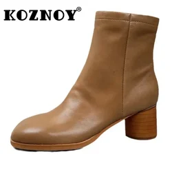 Koznoy Comfy Boots 5cm Platform Cow Genuine Leather  Ankle 2023 Women Autumn Ethnic Chunky Heels Ladies Spring Moccasins Shoes