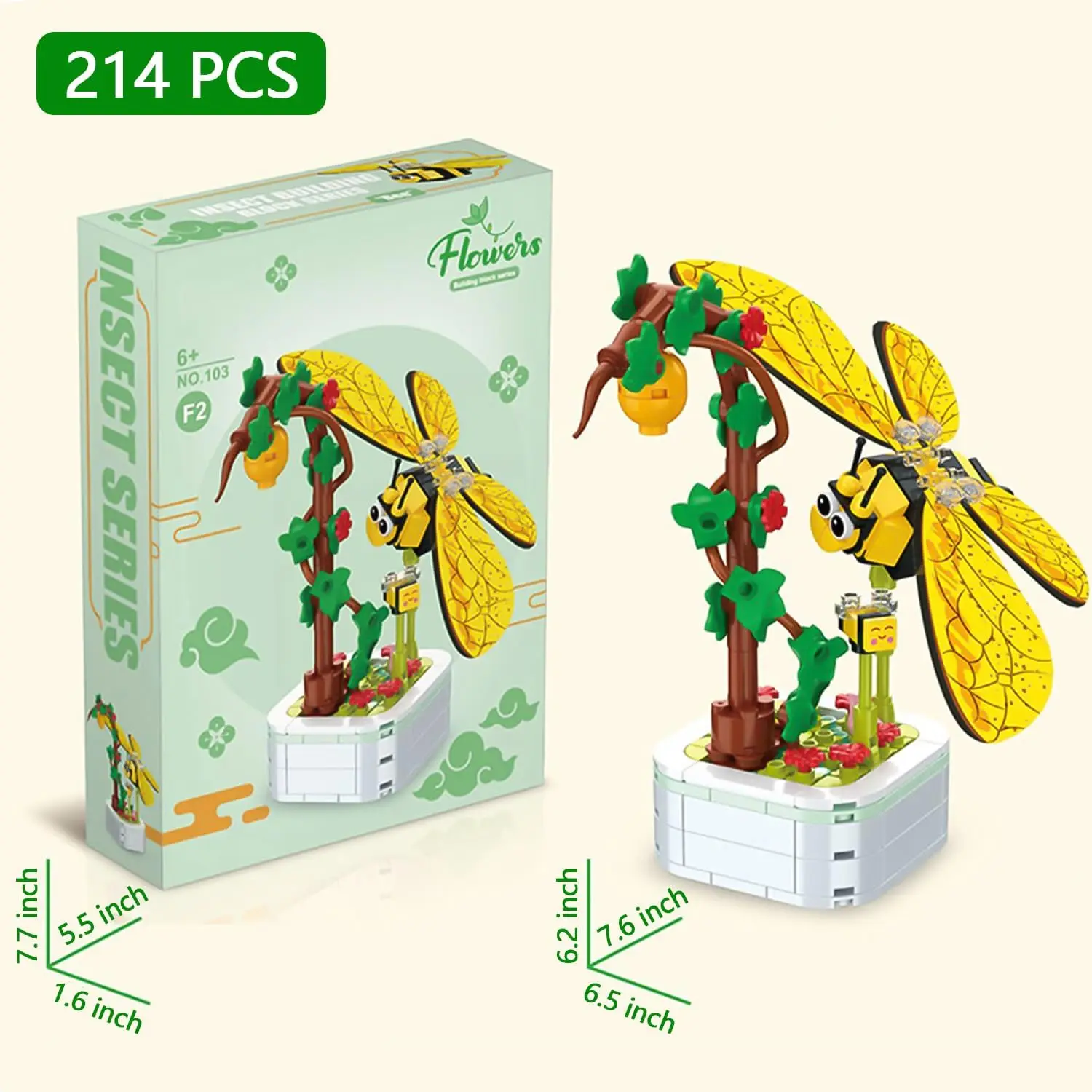 Conjuntos de blocos de construção em vaso para 214 peças, blocos de construção de insetos de plantas em vaso de flores de abelha, mini conjuntos de construção brinquedos para meninos e gi