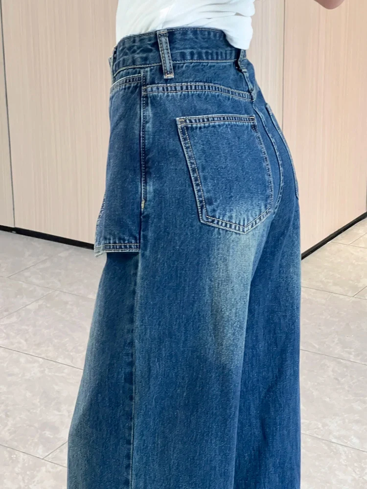 Blauwe denim jeans met wijde pijpen dames herfst nieuw ontwerp faionable gordijn rechte vloerlengte broek splitsen ket ontwerp