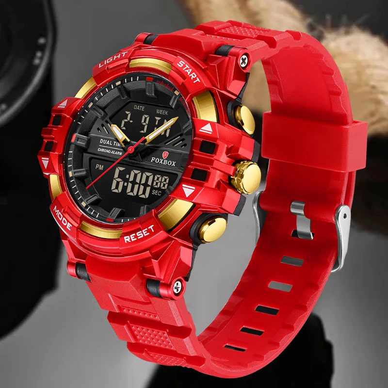 LIGE 2024 Classic Red Quartz Men Watch FOXBOX Fashion Sport Military Digital Watches for Men Waterproof Chronograph Reloj Hombre