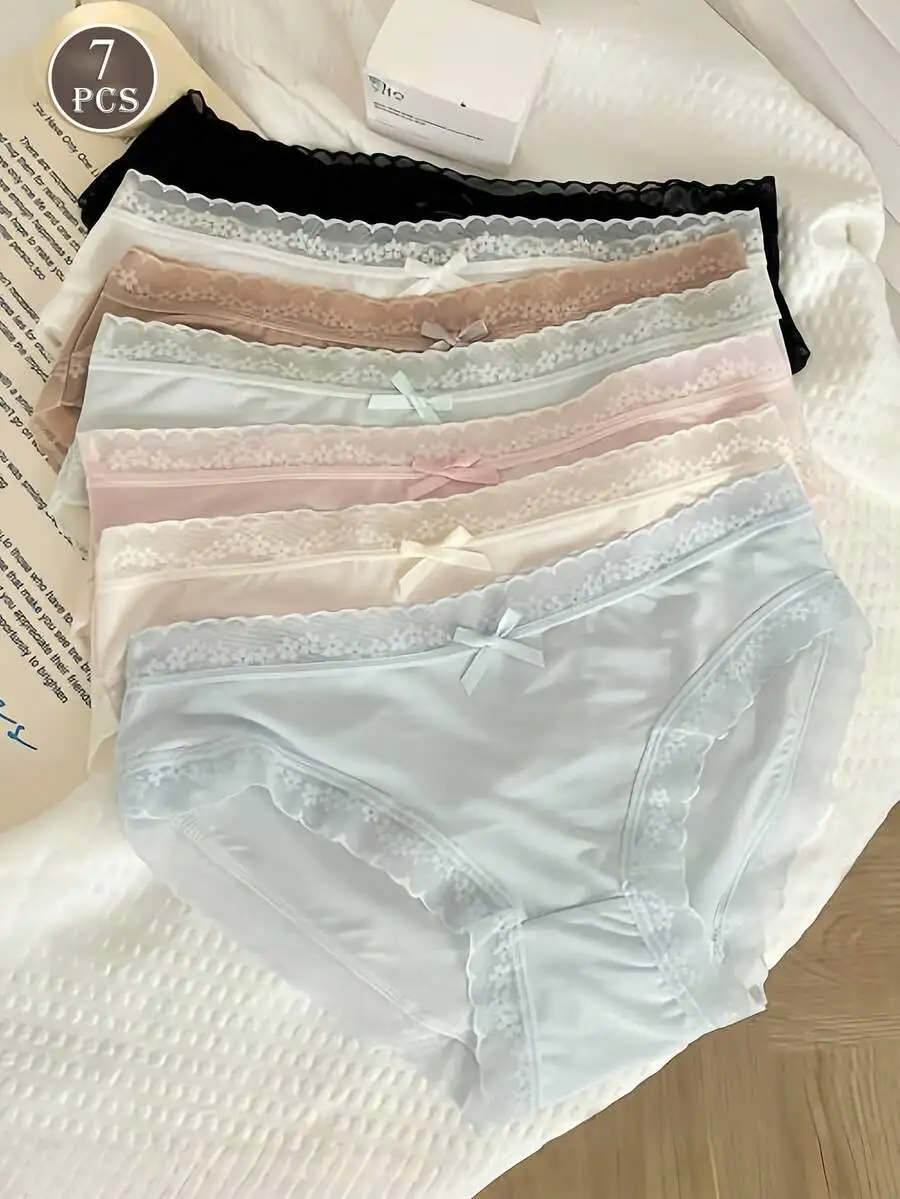 

7pcs Women Lace Trim Solid Color Seamless Briefs Breathable Comfort Mid-Waist