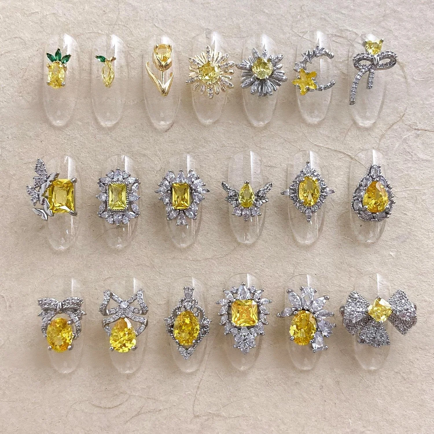 10pcs Mixed 3D Nail Charms Lemon Yellow Zircon 3D Bow Square Stacked Rhinestones Nail Gems For Acrylic Nails Manicure Salon DIY