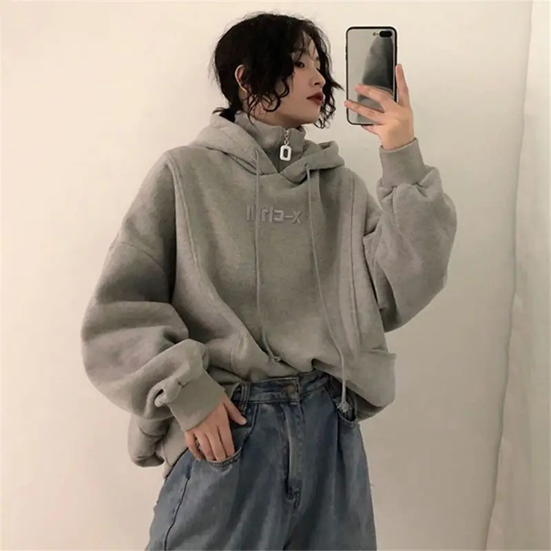 Female Streetwear Emo Winter Loose Grunge Hoodies for Women Gothic Hooded Hoodie Plain Sweatshirt Hippie Y2k Clothes Black Tops