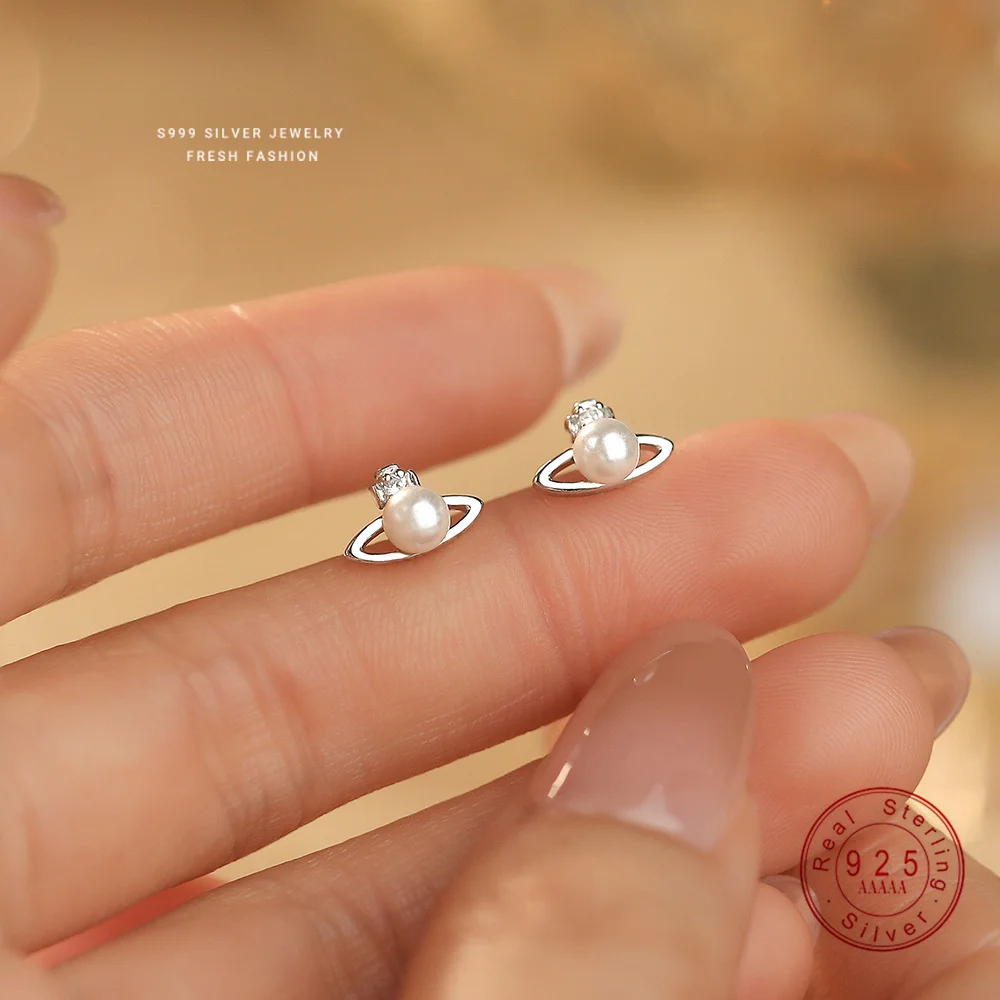 

Fashionable Simple 999 Sterling Silver Zircon Planet Shell Earrings for Women Exquisite Light Luxury Jewelry