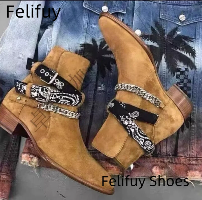 Metal Chain Chelsea Boots Ankle Straps Handmade Men's Boots Novelty Designer British Style Cow Suede Boots for Men Casual Shoes