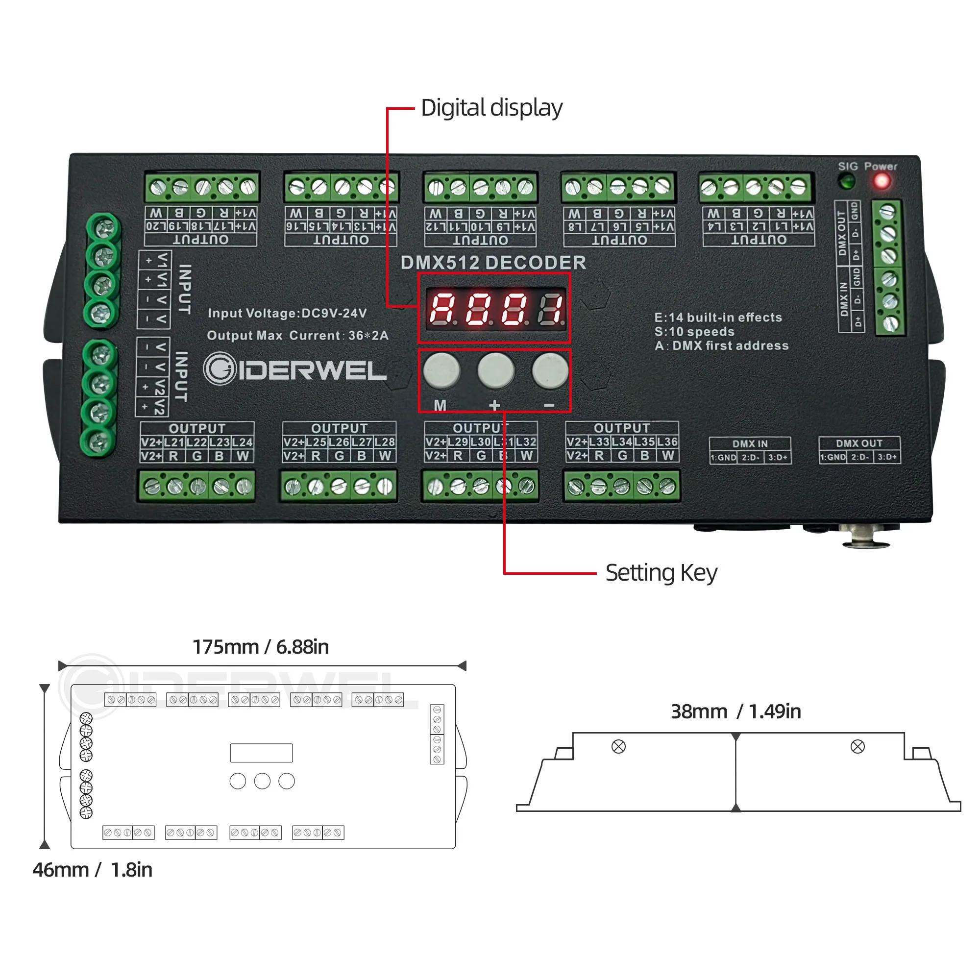 Controlador de tira de luces LED RGB, decodificador de 36 canales, 4 canales, DMX512, atenuador, controlador de DC9V-24V, controlador de escenario