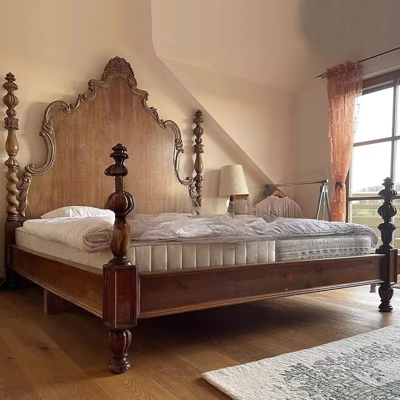 

Solid wood double bed/French art 1.8 meters bedroom bed/simple art