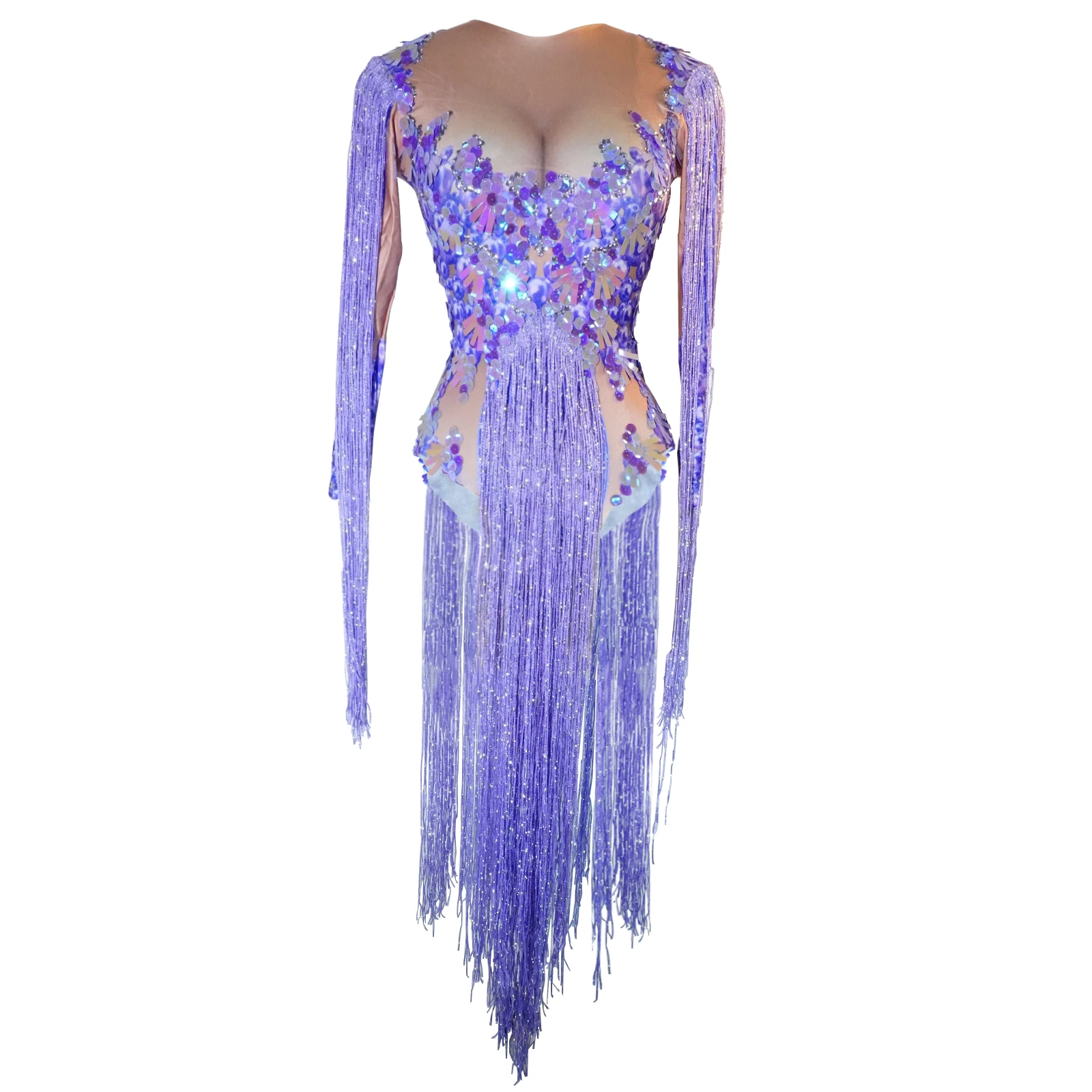 Custom Purple Fringes Sequin bodysuit women sexy Latin dance outfits stage performance party birthday club drag queen costumes