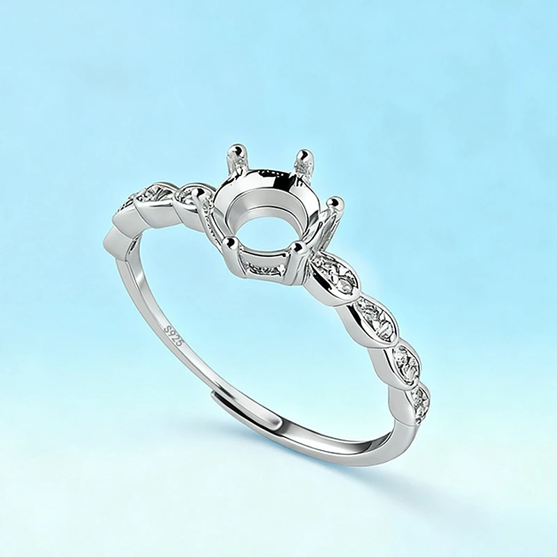 

925 Sterling Silver Women Ring Six Prongs Cubic Zirconia 6x6mm Round Cut Cabochon Semi Mount Ring Gemstone Crystal Setting