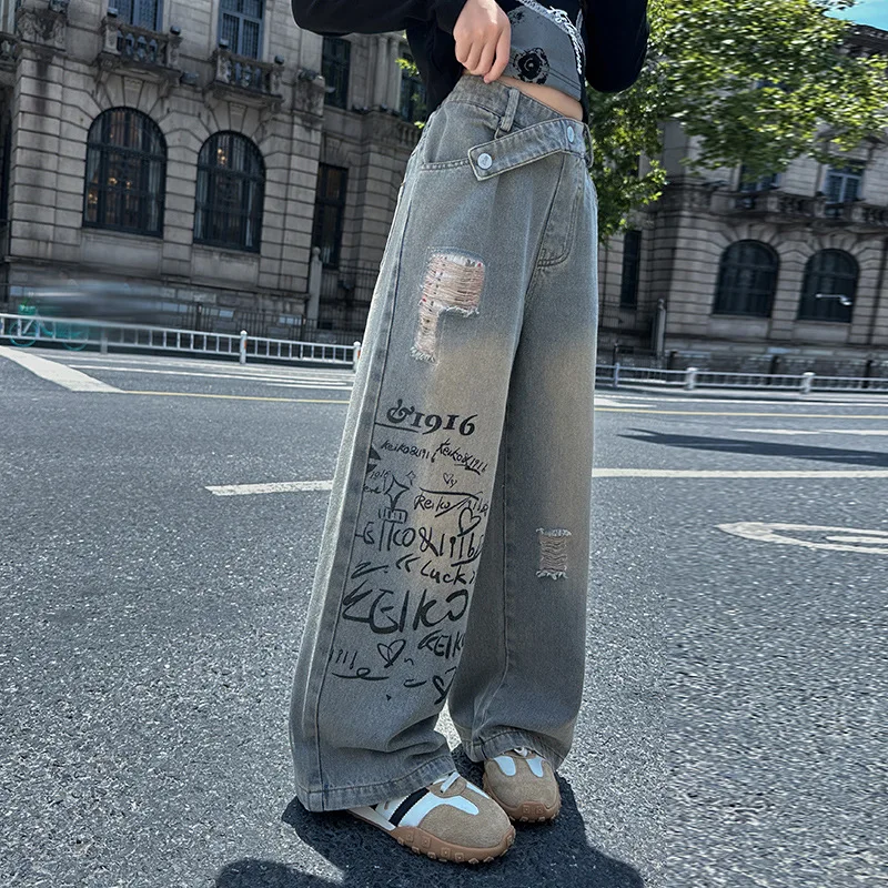

Teenager Girls Ripped Jeans for Autumn Graffiti Hole Pencil Denim Pants 4-14Years Student Children Casual Jeans Kids Trousers