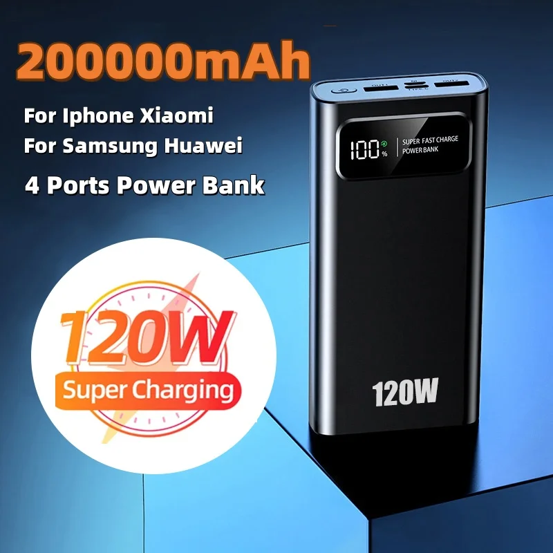 120W Fast Charging Power Bank 200000mAh Ultralarge Capacity Mobile Power External Battery For Iphone Xiaomi Samsung Huawei