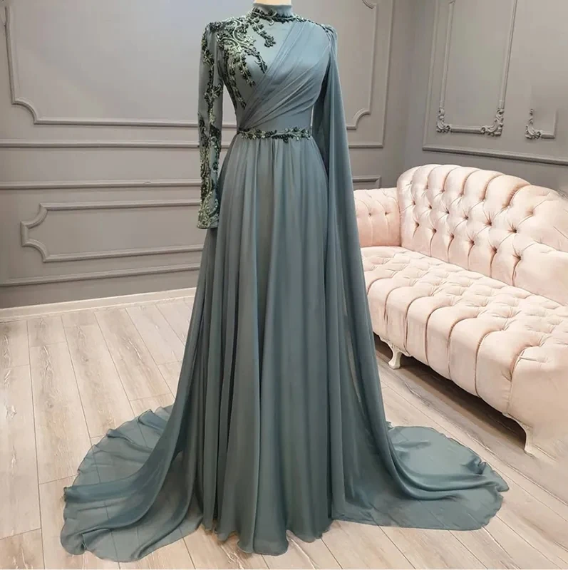 Elegant Grey Blue High Collar Long Sleeve Moslin Evening Dress A-line Decal Beaded Chiffon Formal Prom Dresses For Women 2023