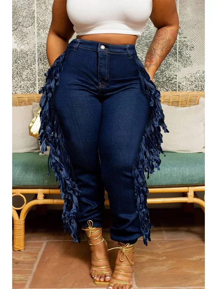 Plus Size Daily Jeans Denim Fringe Asymmetric Fashion Cargo Jeans High Waist Denim Trousers Female Trend Casual Pants 2024