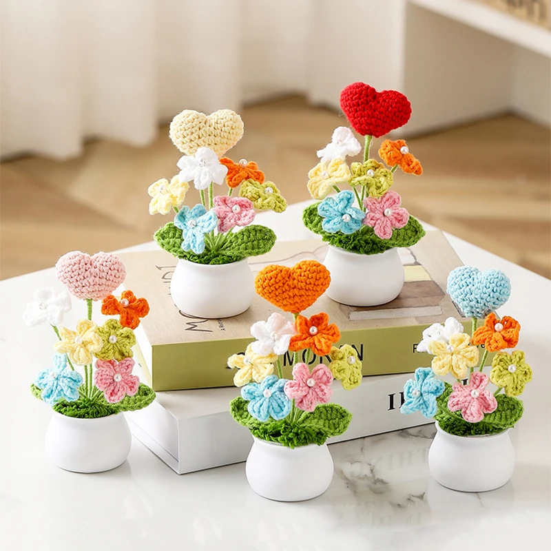 Handmade Crochet Flower Potted Desktop Ornaments Artificial Flowers Pot Plants Wedding Guests Gift Home Room Decorations