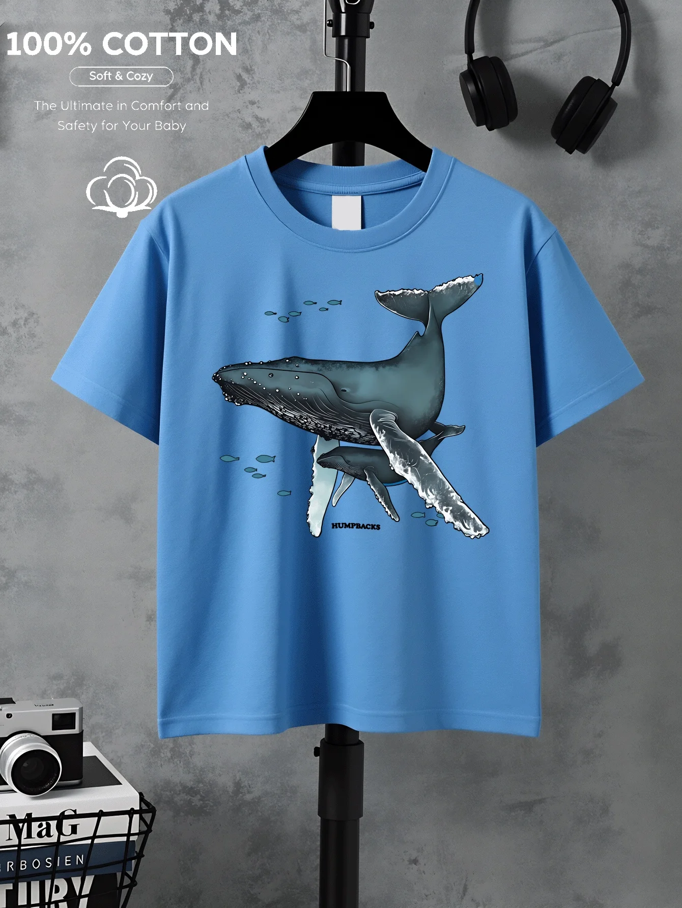 Humpback Whale and Calm Ocean Pattern Summer Kids Trend Casual Short Sleeved Parent-child T-shirt Round Neck Personalized Top