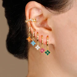 2PCS New Design Zircon Flower Pendant Hoop Earrings for Women Simple Sweet Stainless Steel Earring Piercing Jewelry aretes