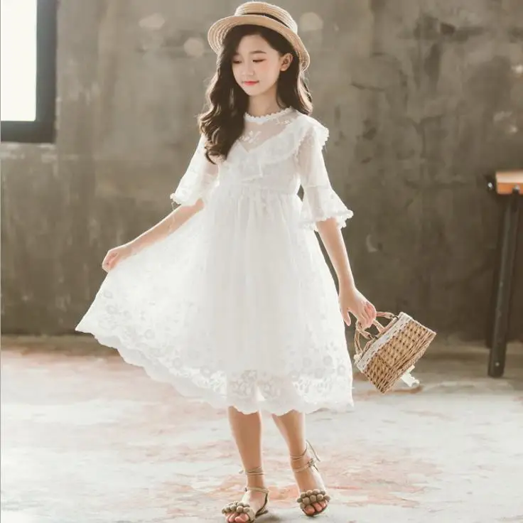 2024 Summer Girls Lace mesh V neck Dress Flare Half Sleeve Ruffle Children Party Wedding Baby Princess Knee Vestidos 8 10 year