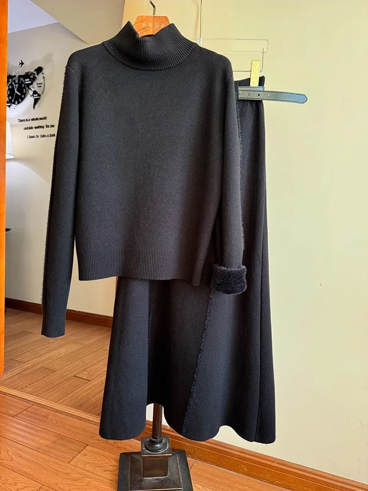 

Thiened Fce Long Sve Sweater Top plus A-Line Skirt Faion Set Autumn Winter Loose Fit Faionable Ensemble