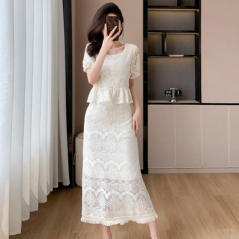 New Summer Lace Skirt Suits Two Piece Sets Women Outfits Elegant Square Collar Ruffles Top + Bodycon Tassel  Mid Skirt Sets