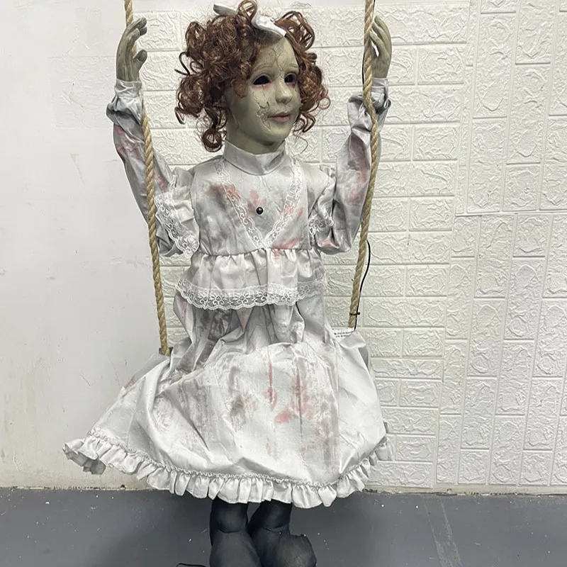 

Little girl on the swing Halloween venue arrangement props Haunted house horror voice-activated luminous clown ornament