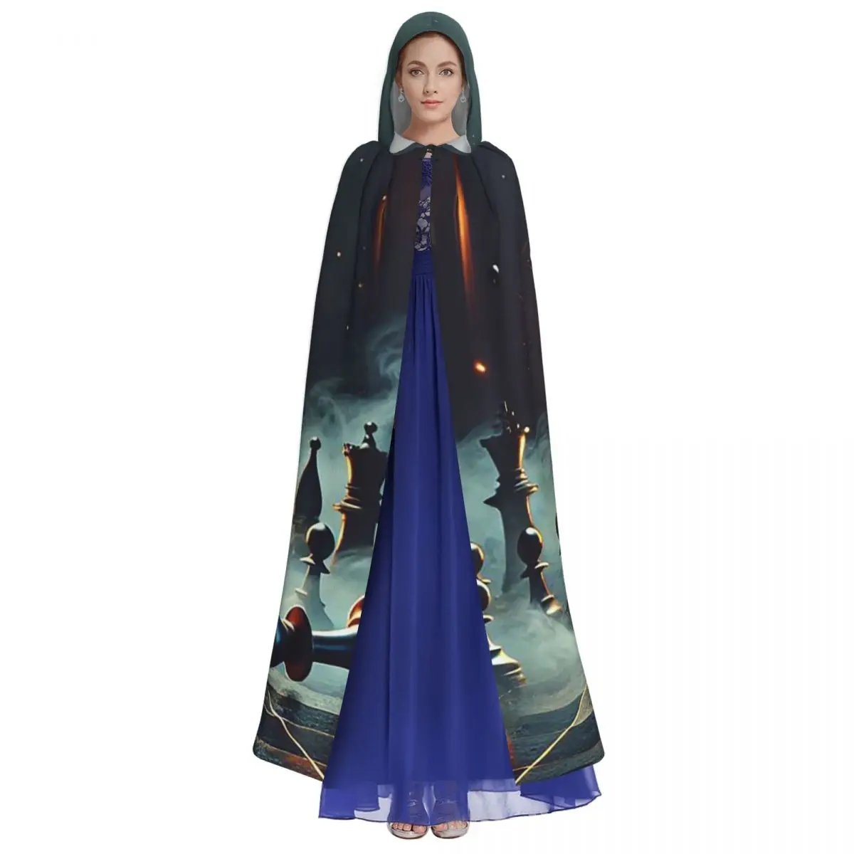 블랙 킹 체스 체스판 긴 후드 망토 마녀 중세 의상 코스프레 케이프 할로윈 파티 성인 유니섹스