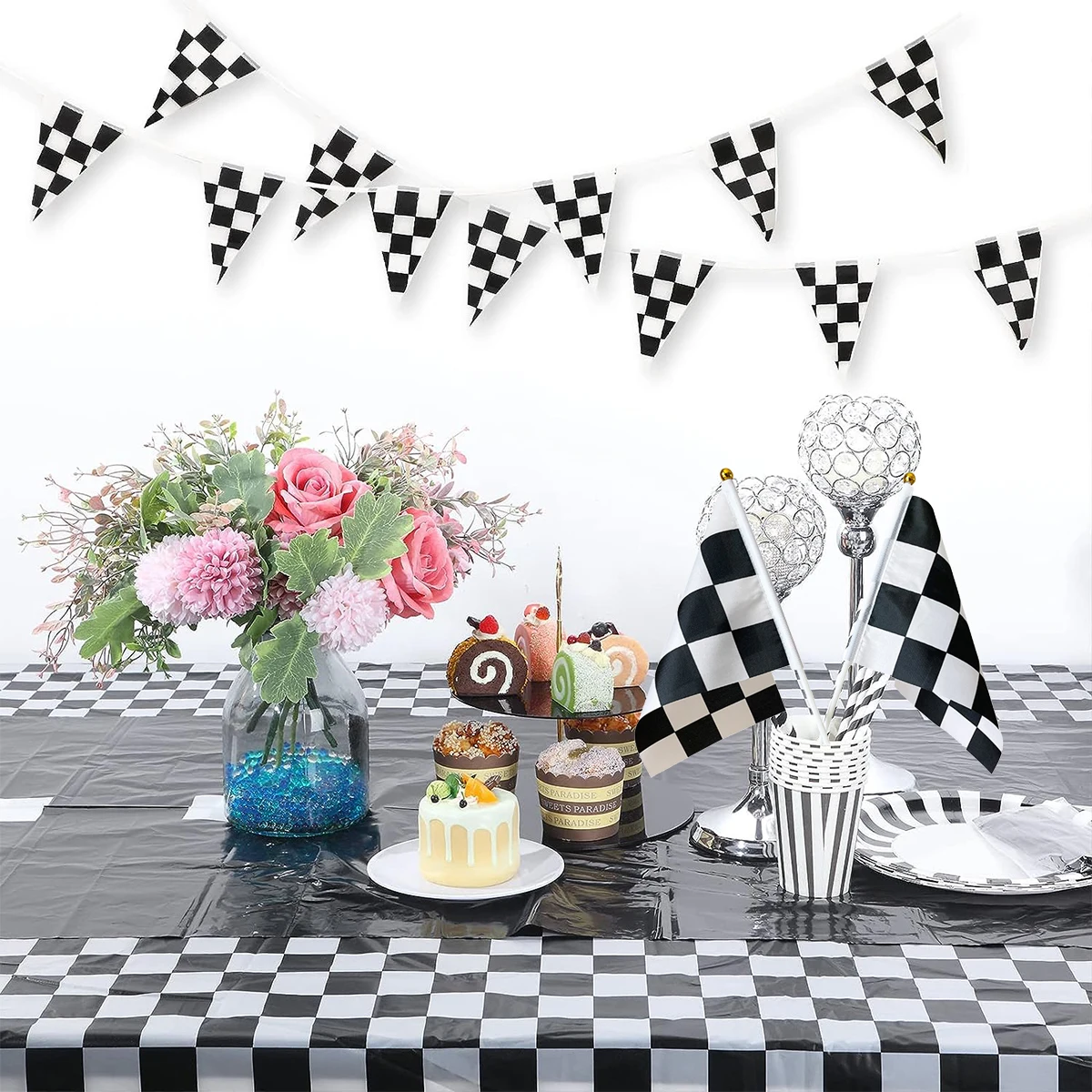 Racing Car Black and White Checkered Tableware Plates Cups Napkins Pennant Foil Balloon Boys F1 Racing Birthday Party Decoration