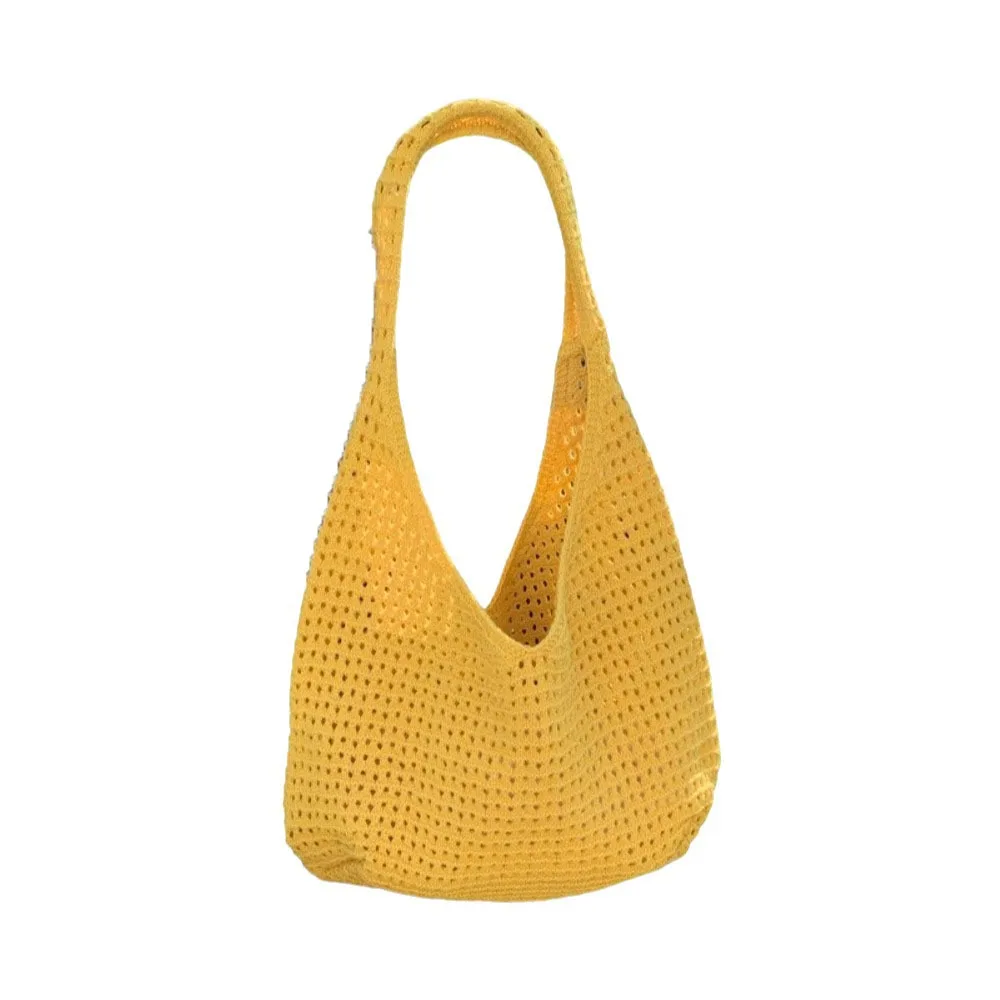 

Solid Color Knitted Shoulder Bag Bohemian Style Hollow Out Crochet Mesh Tote Bag Spacious Large Capacity Woven Handbag Summer