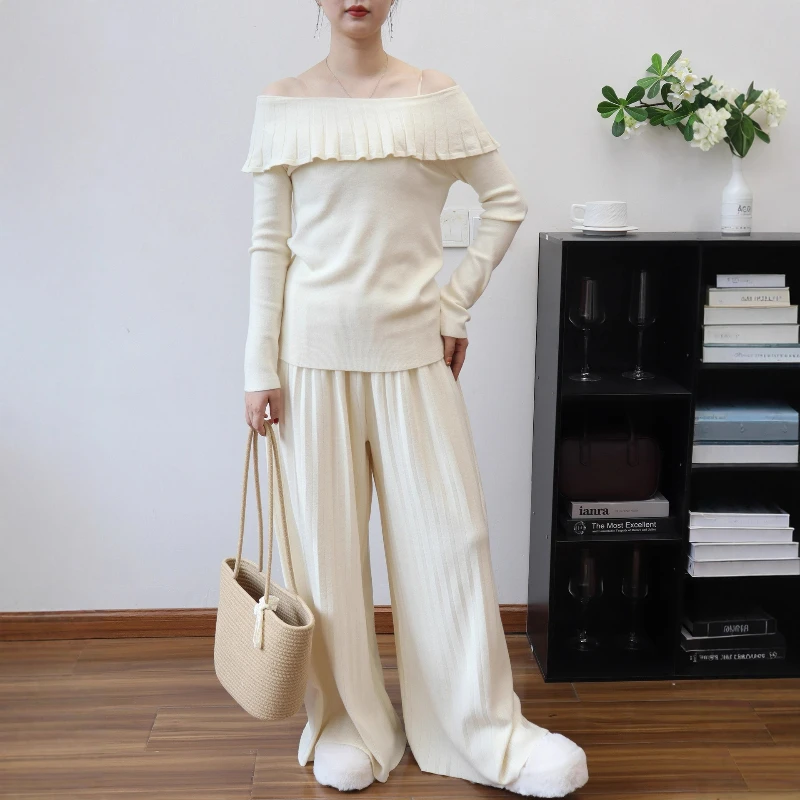 

Women Two Piece Pant Sets Slash Neck Tops Ruffles Full Sleeve Knit Pullovers Wide Leg Floor Length Pants Casual Autumn