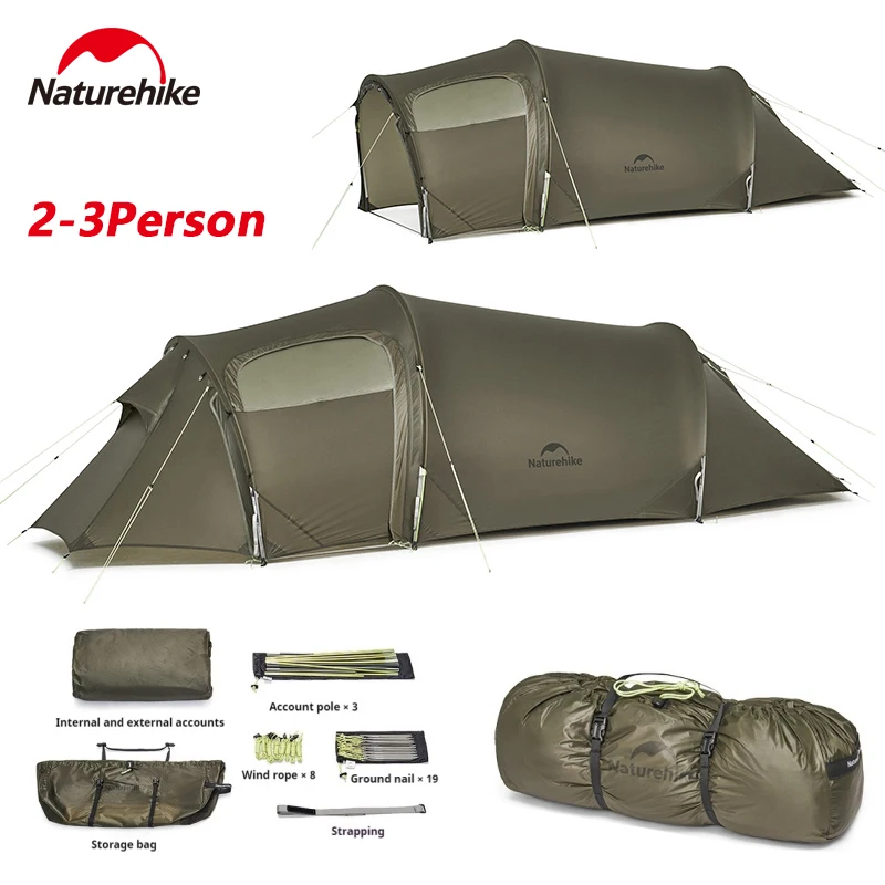 Naturehike Opalus UL Tunnel Tent Lightweight 15D Nylon Hiking Tent Large Space Outdoor Camping Travel 4 Season 2-3 Person Tent