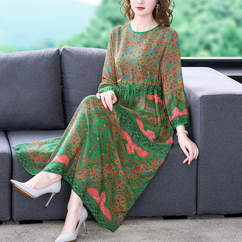 

2023 New Fashion Silk Printed Dress Women's Summer Vintage Round Neck Long Sleeve Loose Fit Casual Holiday Dress Vestidos