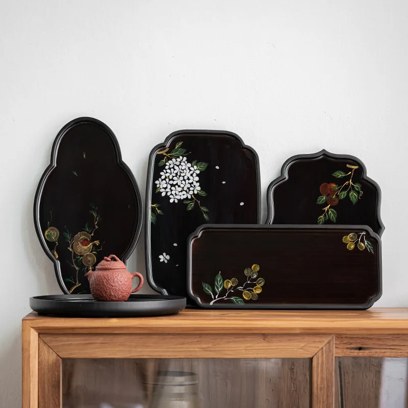 New Chinese Style Hand-painted Floral Lacquer Tea Tray, Retro Black Wood Finish Gongfu Tea Serving Tray, Zen Tea Table Decor