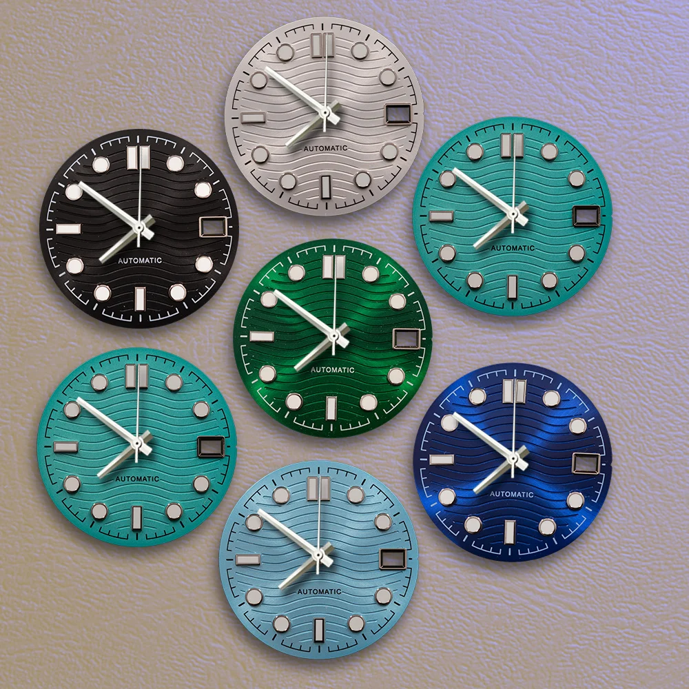 

28,5 мм циферблат с логотипом S, высококачественный волнистый циферблат, круглый циферблат с зеленым люминесцентным покрытием, подходит для механизмов NH35 и NH36, аксессуары для модификации часов.