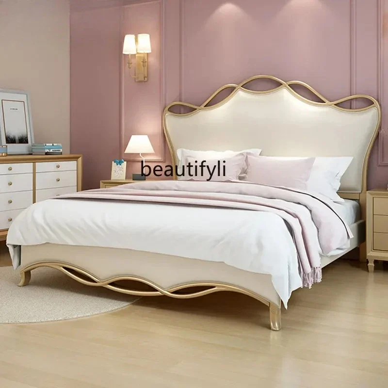 yj57 Light luxury solid wood bed French cream wind princess bed double bed ribbon  1.8M