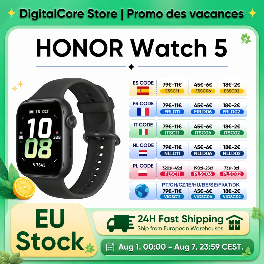 Honor Watch 5 Écran AMOLED plus grand de 1,85 pouce 60 Hz Autonomie de 15 jours 5ATM IP68 Suivi GPS précis BT5.2 Analyse de la santé