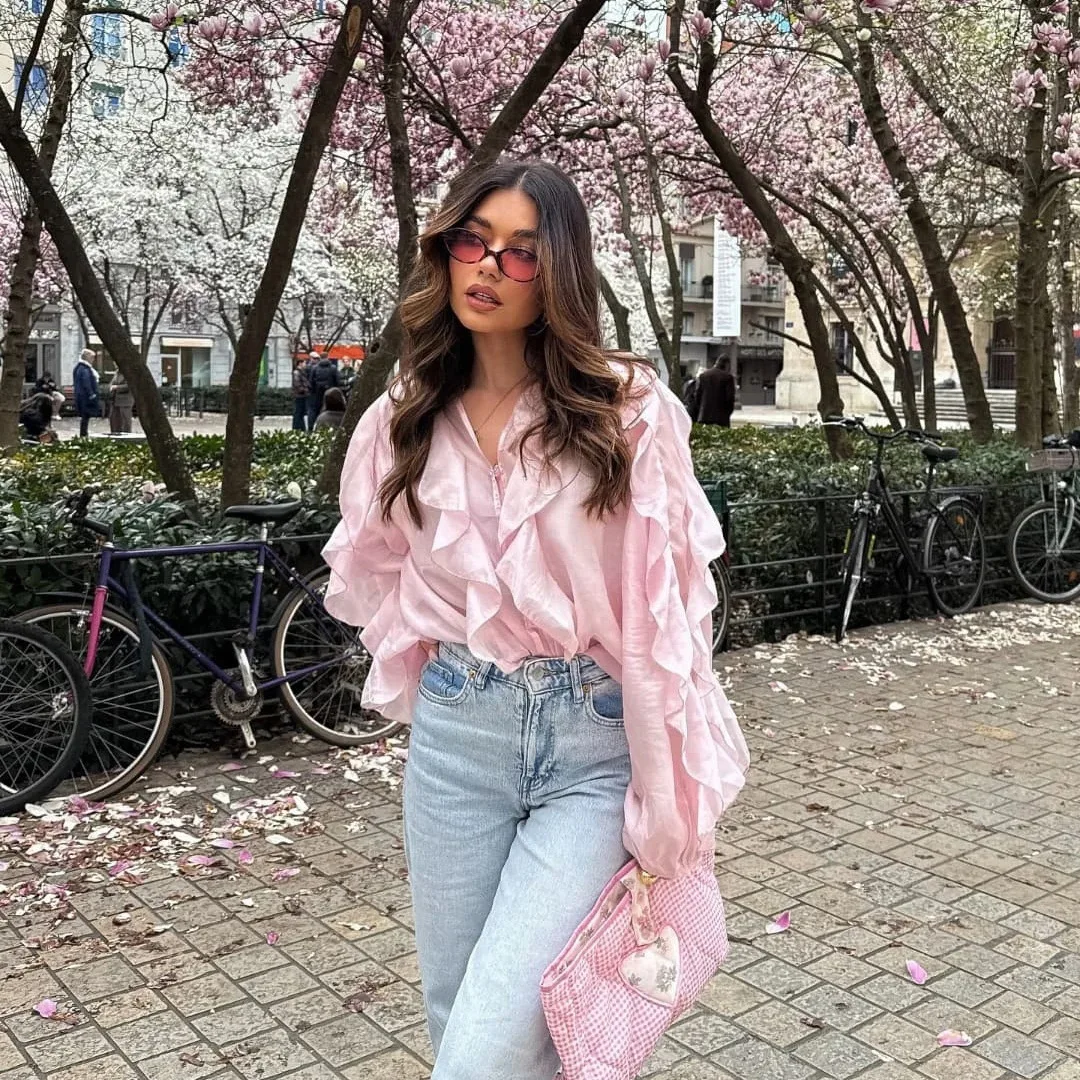 

2026 New Spring Women's French Style Ruffle Chiffon Blouse Long Sleeve Lightweight Elegant Fashion Casual Tops For Daily Wear