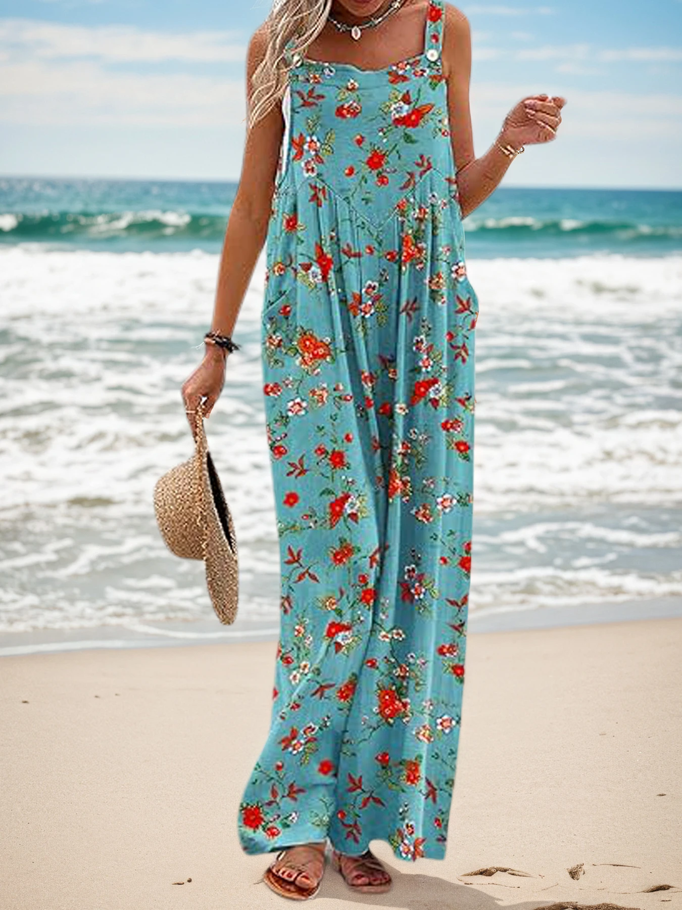 Women's Summer Floral Print Jumpsuit, Suitable for Vacations and Beaches