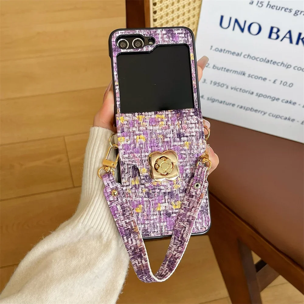 Pulseira de pulso caso de telefone para samsung galaxy z flip 6 5 4 3 flip6 flip5 flip4 flip3 5g titular do cartão mão corda tecer capa de couro do plutônio