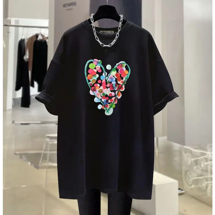 Women Clothing Chic Hand-painted LOVE Print T-shirt Summer Fashion Cotton O-neck Short Sleeve Top Tee Office Lady Basic Pullover