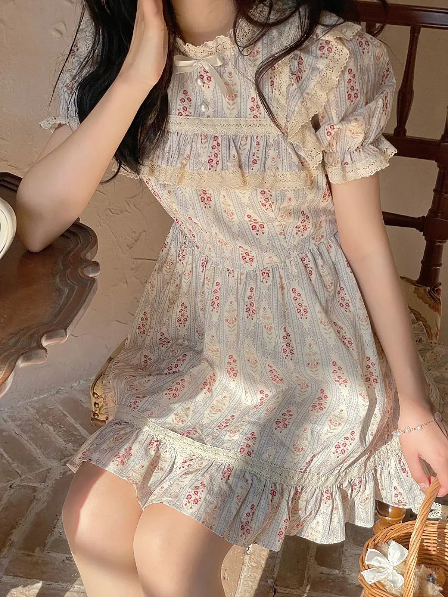 Coalfell French Retro Sweet Court Short Skirt Wind Lace Tea Break Dress Female Thin Japanese Floral Dress Mori First Love Skirt