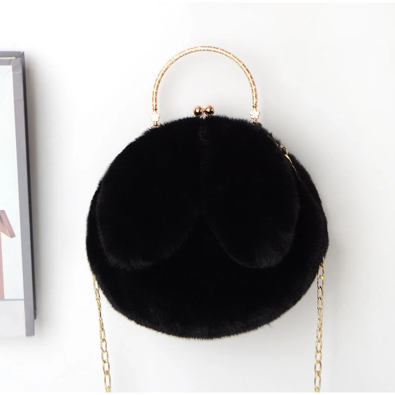 Weiche, flauschige Plüsch-Handtasche mit Henkel, niedliche Umhängetasche mit Hasenohren und Kette, warme Winter-Clutch, leichte Handytasche – Detail 17