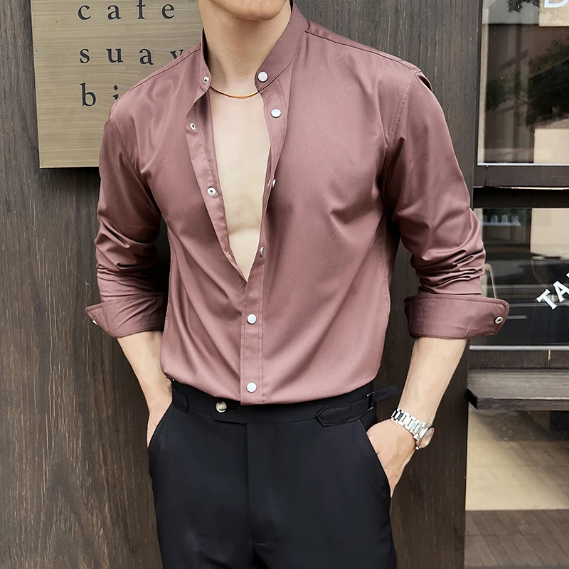 

Рубашки для мужчин, одежда 2025 года, качественная однотонная мужская социальная рубашка с длинным рукавом, приталенная повседневная рубашка с воротником-стойкой, смокинг для выпускного вечера, большой размер