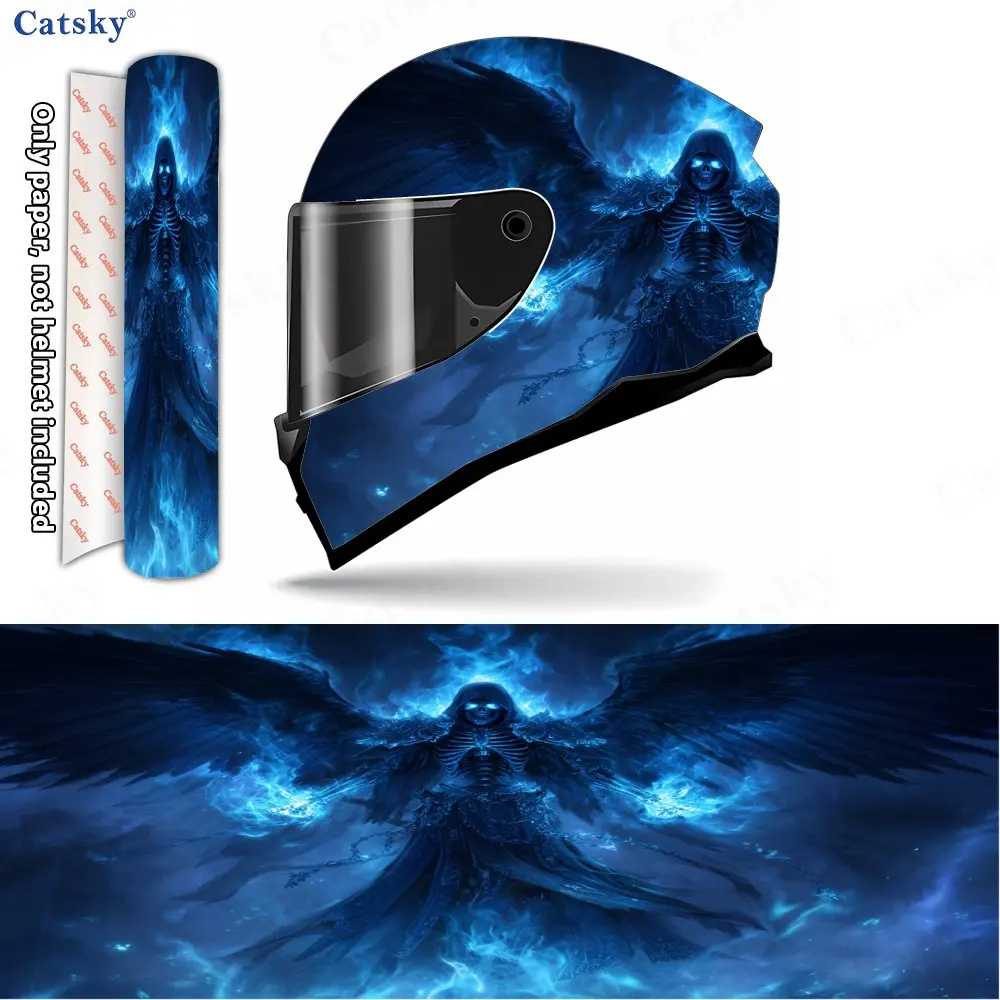 Dark Blue Flame Skeleton Angel Helmet Vinyl Wraps, Waterproof Scratch-Resistant Full Face Helmet Decals, Durable PVC Decoration