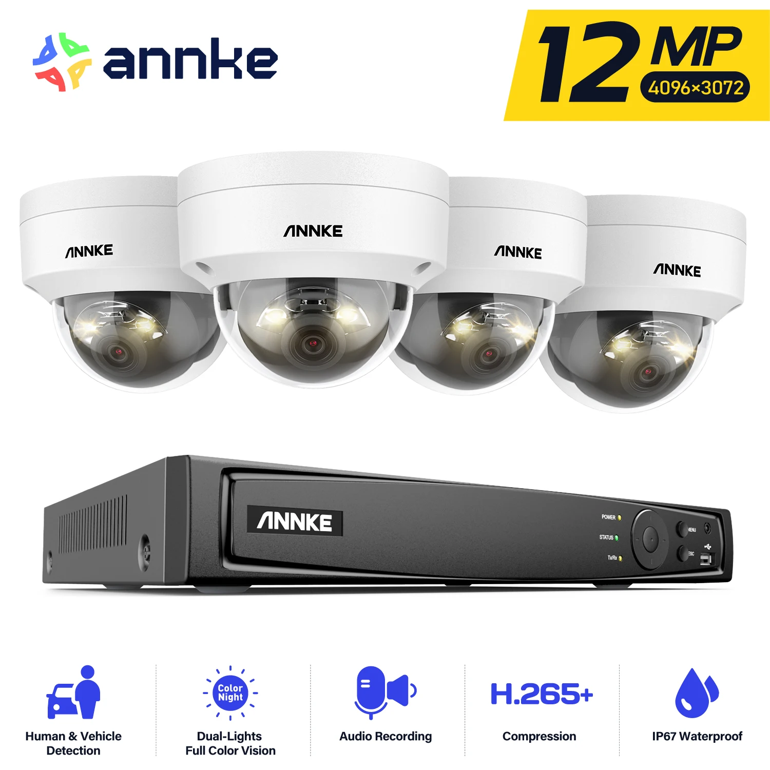 ANNKE 12MP Smart Dual Light Camera Kits Security Cam 8CH NVR 4PCS POE Camera Outdoor CCTV Video Surveillance Protection Camera